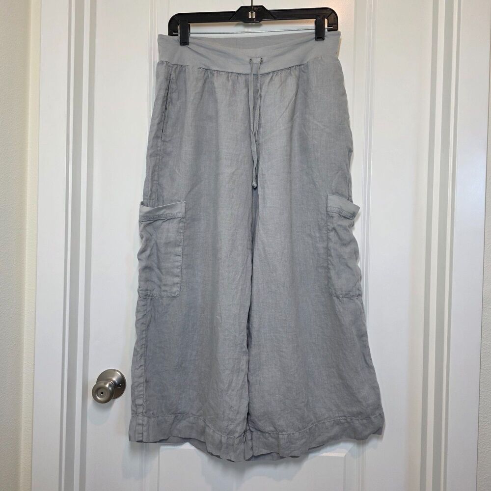 Flax 100% Linen Wide Leg Cargo Cropped Pants Sz S Breathable Coastal Lagenlook